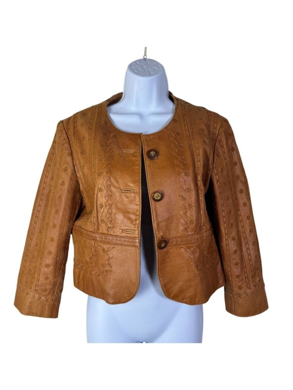 Wendy Hil Womens Brown Embroidered Leather Jacket Size 8 Satin Lining Western